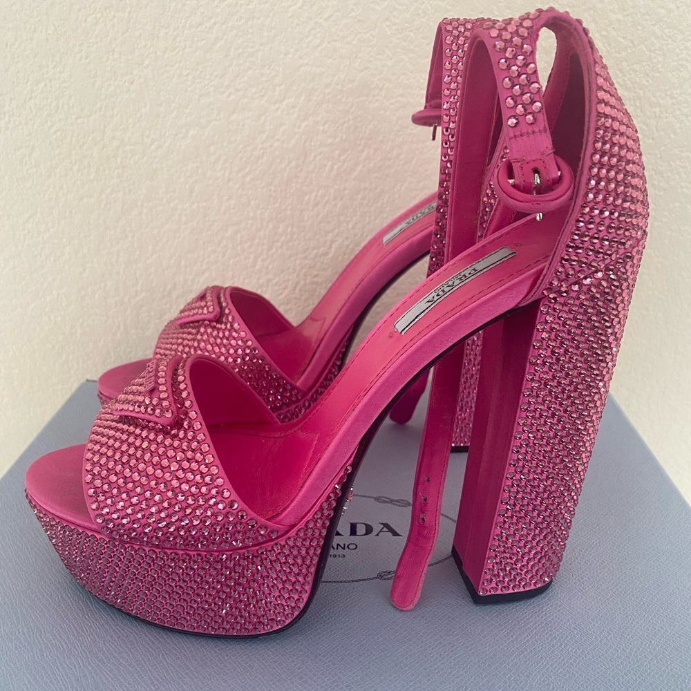 PRADA CRYSTAL STUDDED 135MM SATIN PLATFORM SANDALS WITH BOX! US 7.5/EU 38
